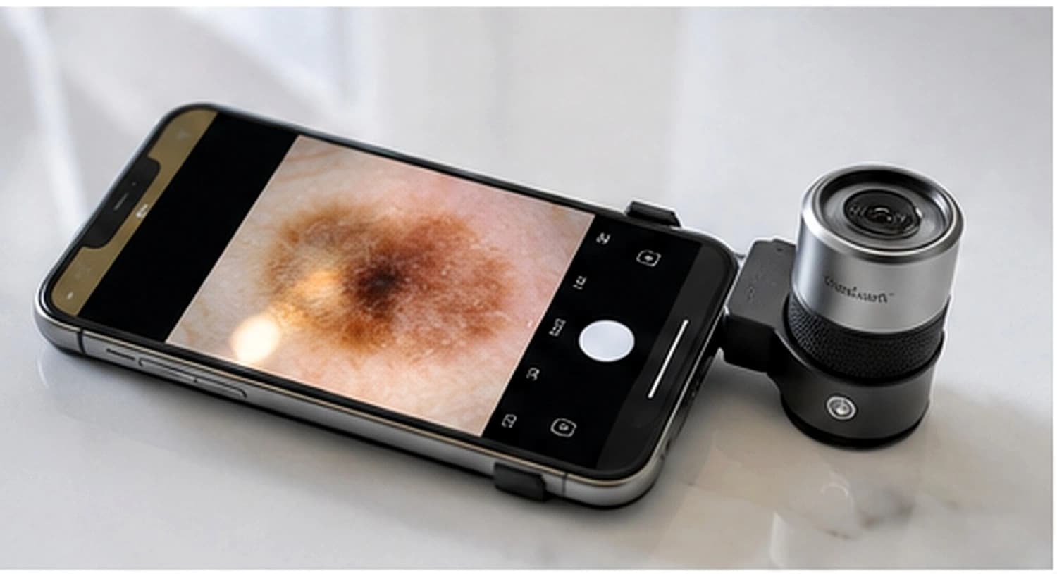 DermLens M6 attached to a smartphone capturing a dermoscopic image