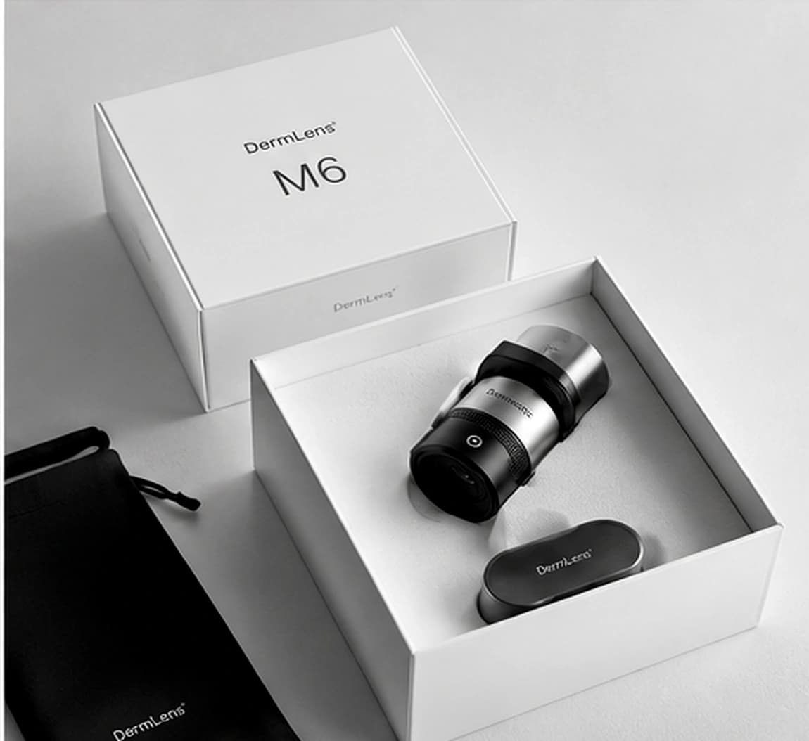 DermLens M6 packaging — box, device tray and pouch